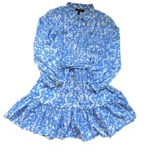 Ellen Tracy Blue White Ikat Damask Tiered Shirt Dress Pom Pom Trim Large